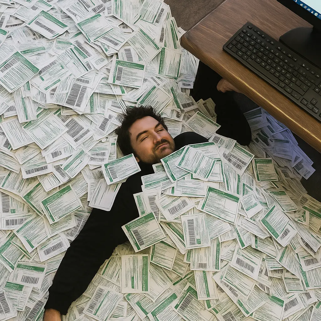 Person buried under a large mound of Form 3811 green cards