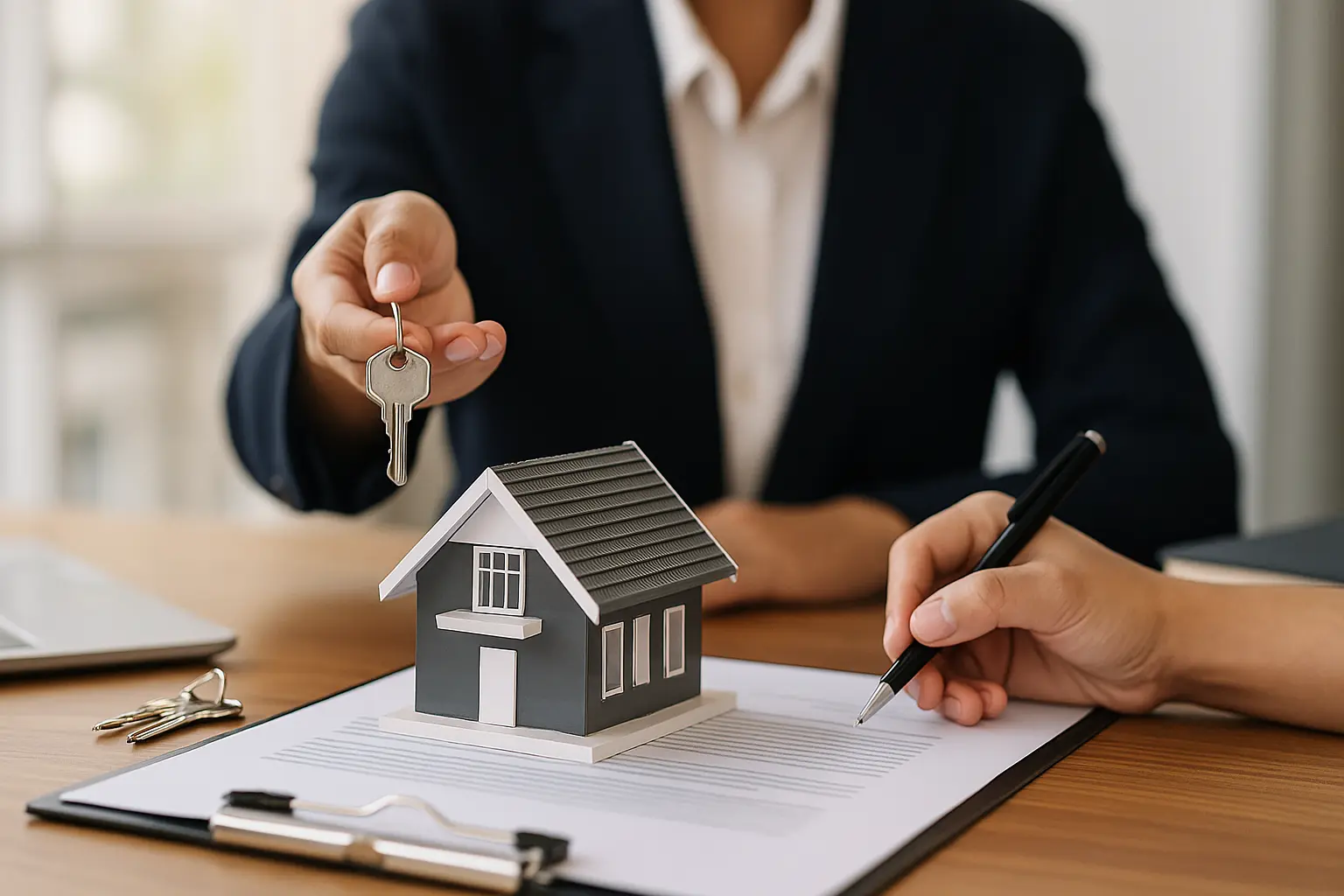 Person holding out a house key while a person signs a document with a miniature house sitting on table