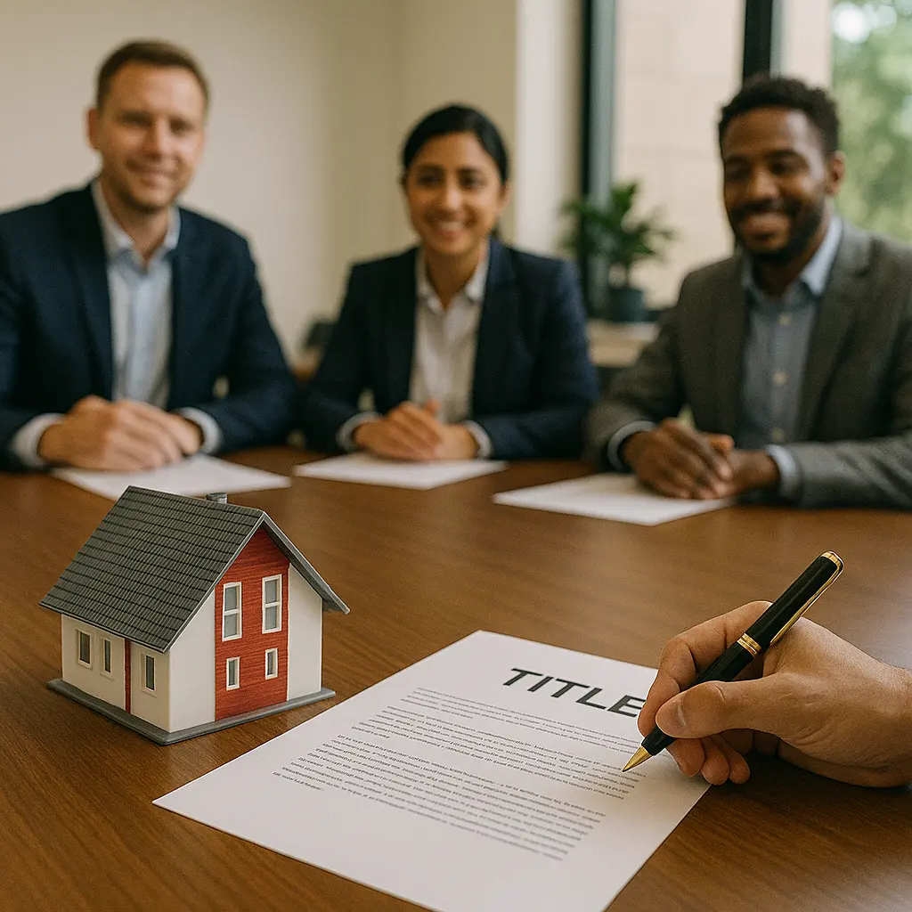 A person signing a title paper with a minature house sitting next to the paper on a conference room table with several people observing