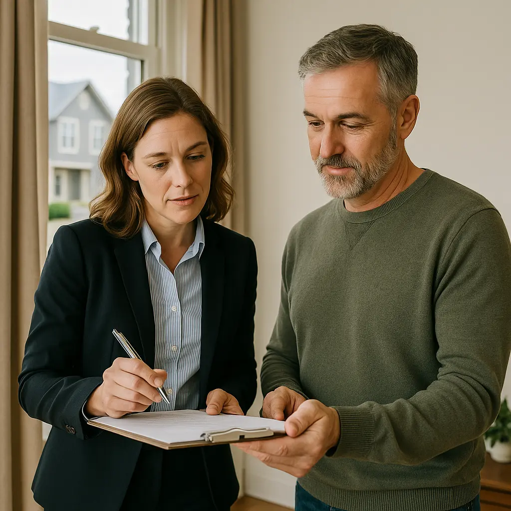 Two individuals with one holding paperwork and the other signing the paperwork