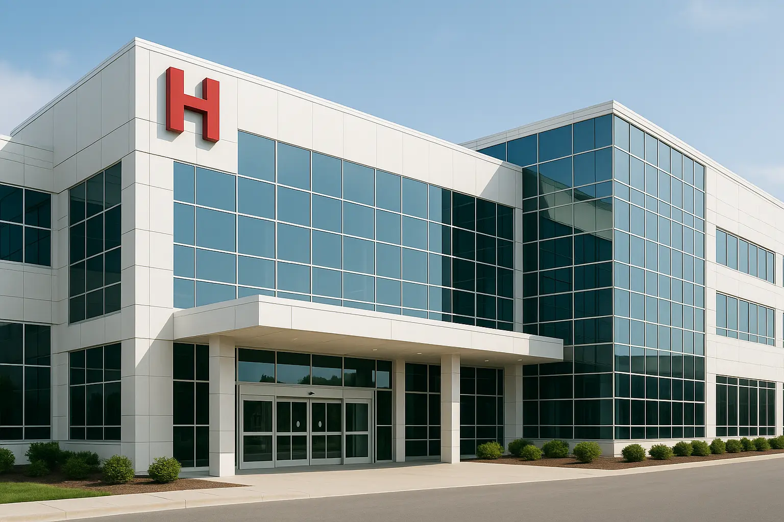 Outside view of a large building resembling a hospital entrance