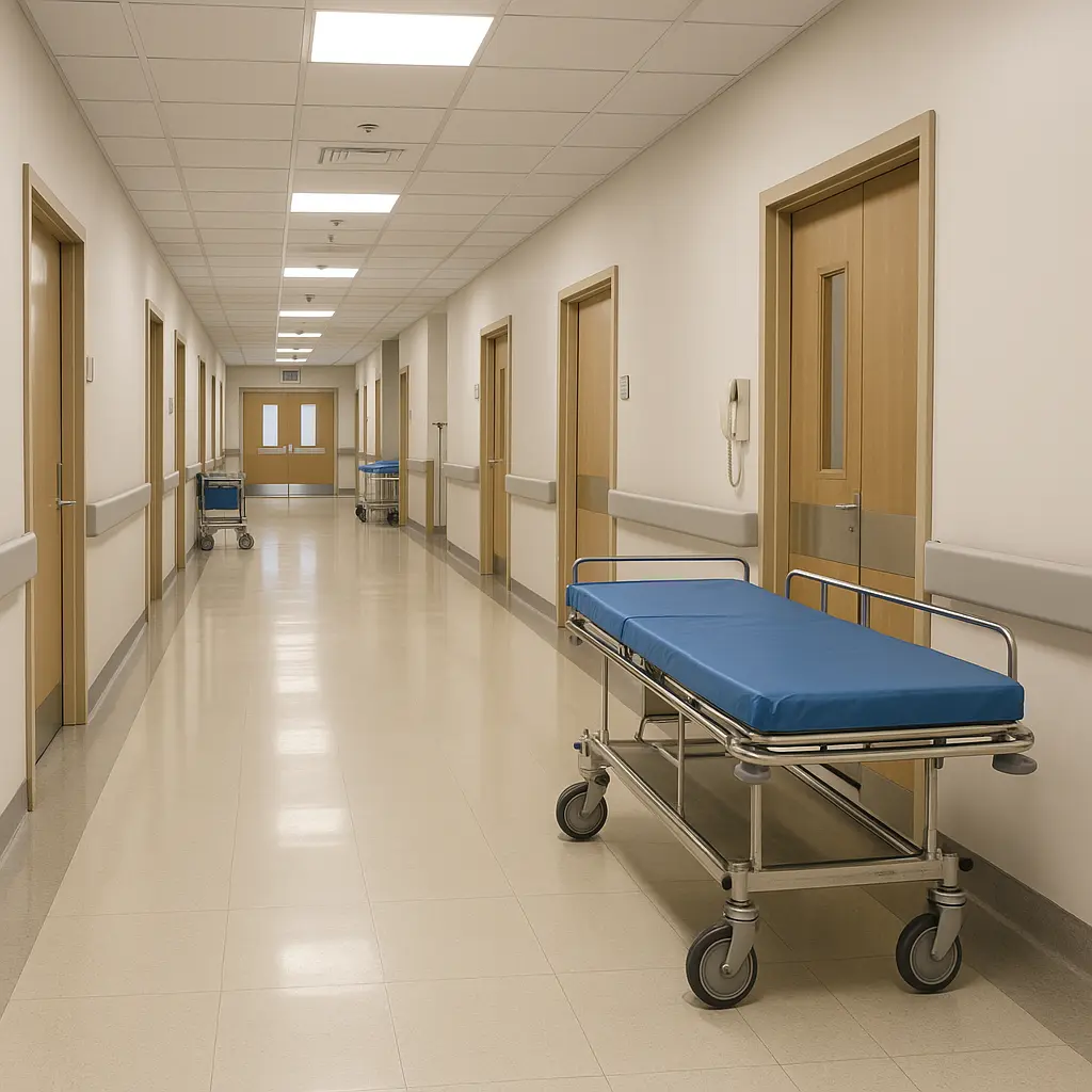 Photo inside a empty hospital hallway with a gurney