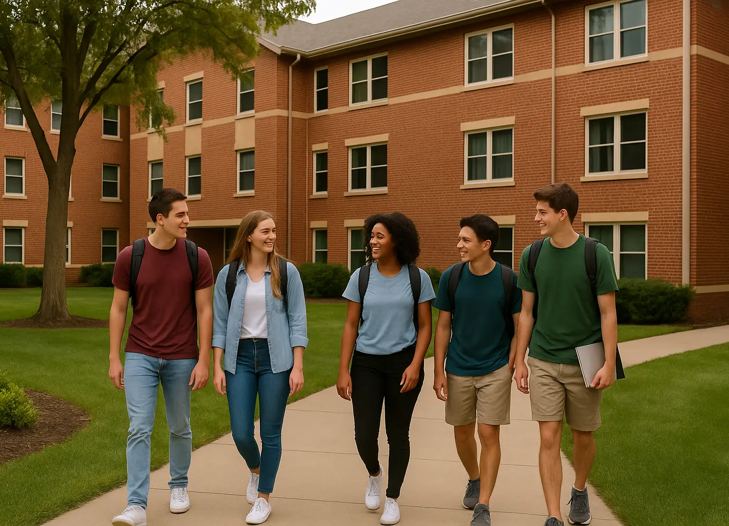 A group of college students walking in front of a college dormitory
