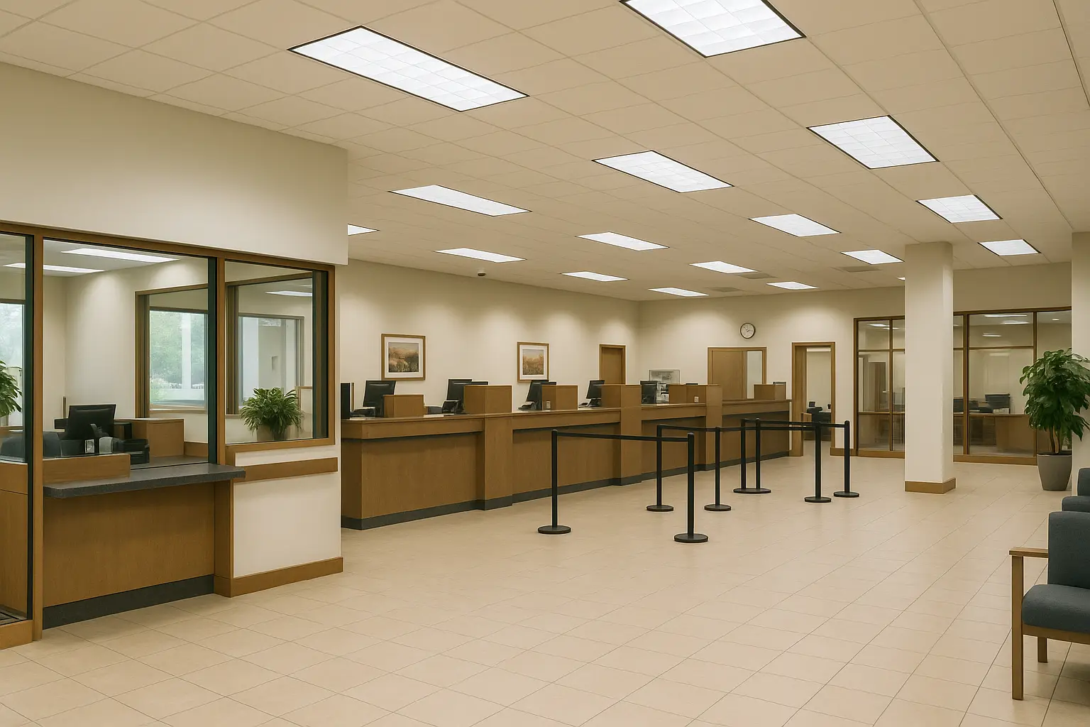 Inside photo of an empty bank overlooking the teller stations