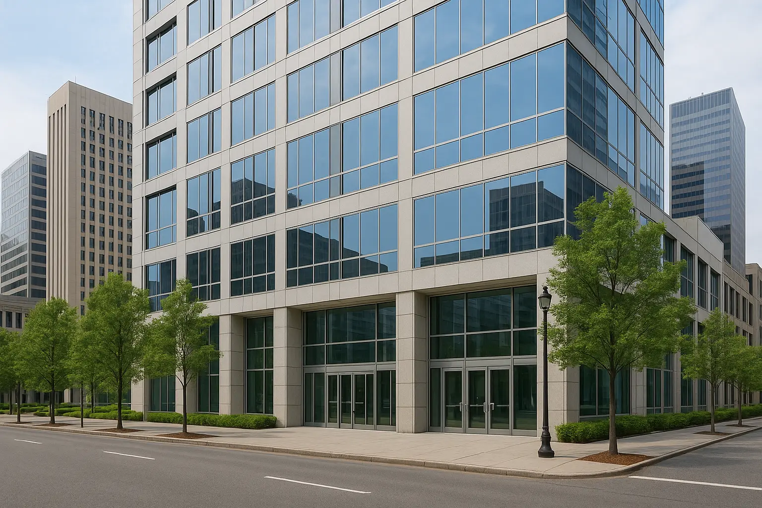 Standard outdoor photo of the front of an office building