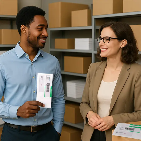 Two coworkers in a mailing room with Certified Mail examples