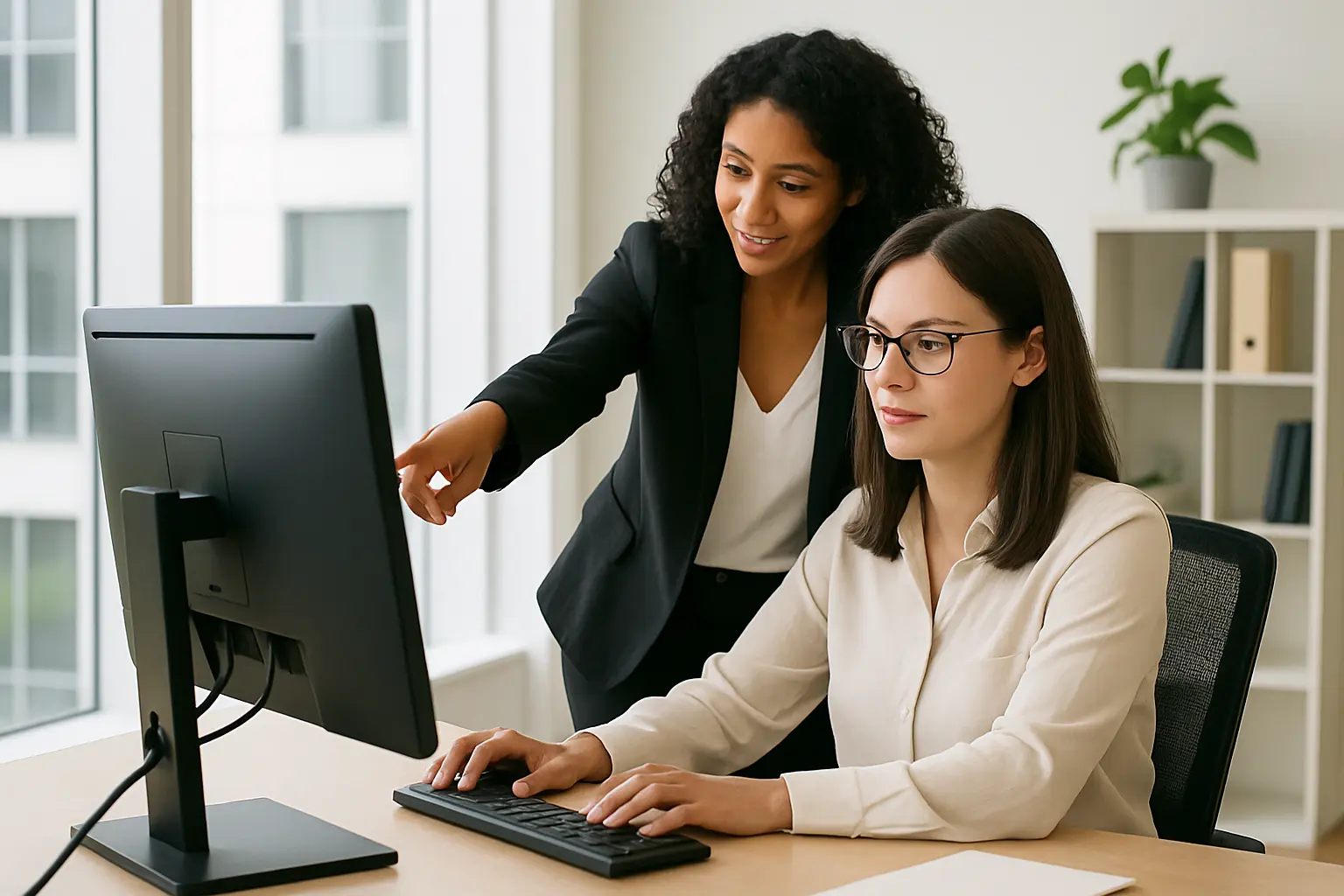 Coworker assisting another seated coworker at a computer pointing to the screen