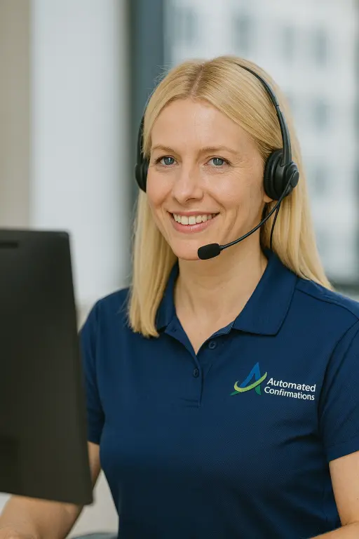 Customer service representative with headset wearing Automated Confirmations Inc logo polo